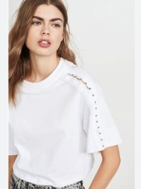 3.1 Phillip Lim White Cropped Tee with Silver Stud Trim Sz Large 
Designer